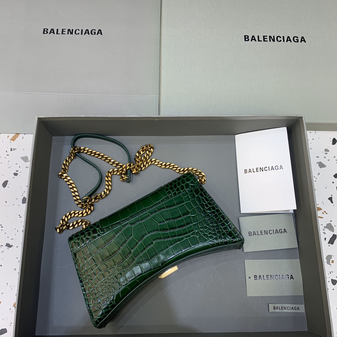 Balenciaga Big Hourglass Wallet With Chain Crocodile Embossed Shoulder Bag Dark Green